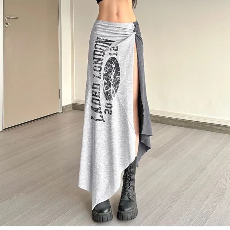 American Harajuku Punk Spliced Constrast Color Long Skirt Y2k Aesthetic Sexy Side High Split Jupe Letter Print Vintage Skirts