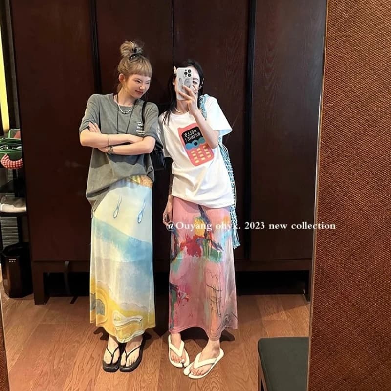 2025 Spring Autumn New Printed Half Length Skirt for Women's Summer High Waist Tulle Long Skirt Woman Split Straight Skirt