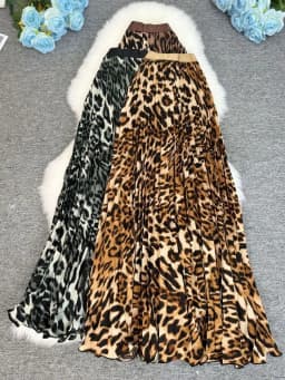 Spring Summer Leopard Print Pleated Long Skirt For Women 2026 Vintage Casual Office Lady Skirts