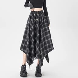Plaid Skirt Women Elastic Waist A Line Retro High Street Korean Fashion Irregular Versatile Autumn Mid Length Skirt