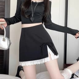 Sweet Bow Lace Up Women Mini Skirt Korean Elegant Spliced Lace Design A-line Skirt Stylish High Waist Slimming Female Slit Skirt