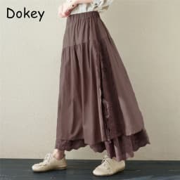 Japanese Mori Girl Embroidery Lace Cotton Linen Skirts Women Summer Vintage High Waist Casual A-Line Boho Skirts Faldas Mujer