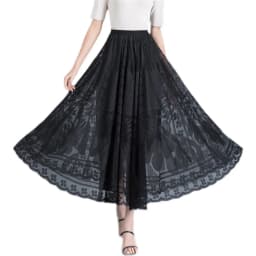 Elegant High Waist Lace Skirt Women'S New A-Word Black Long Skirt Office Ladies Big Swing Gauze Hollow Pleated Skirt Streetwear
