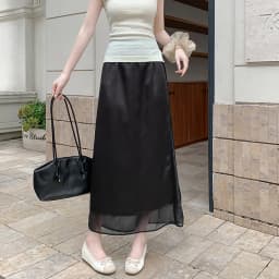 Acetate Satin Tulle Paneled Slit Skirt Women's Summer Lightweight Casual Long Skirt High-waist Elegant A-line Skirt Office Lady