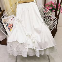 Japanese Style Women's Dull Black Long Dress High-Waisted Bow Spliced Lace A- Line Mid-Length Skirt Female Fashion