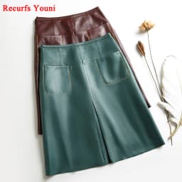 Stylish Women Genuine Leather Skirt Female Slit Pockets Sewing High Waist Jupe Mujer A-line Mid-Length Wine Red/Blue Chic Faldas