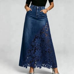 Women Denim Maxi Skirts High Waist Lace Stitching Jean Long Skirt Ladies Summer Spring Autumn Fashions