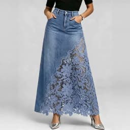 Women Denim Maxi Skirts High Waist Lace Stitching Jean Long Skirt Ladies Summer Spring Autumn Fashions