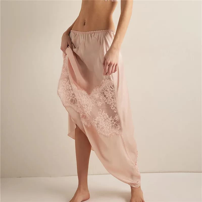 Womens Satin Lace Maxi Skirt Y2k Boho Vintage Lace Trim Low Waist Long Skirt Summer Silky Half Slip Asymmetrical Midi Skirts