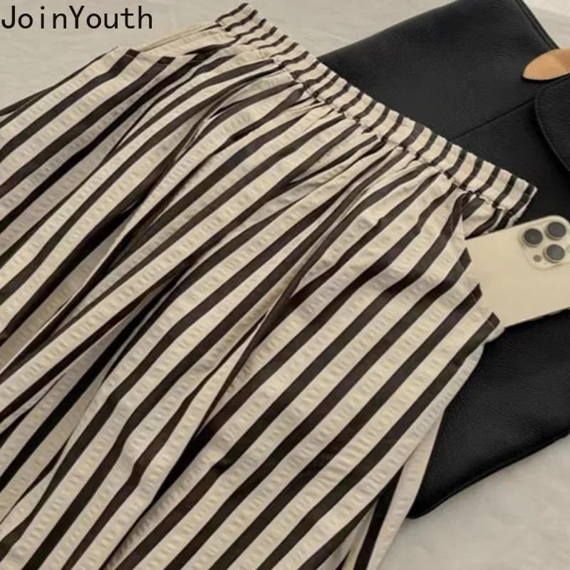 Japanese Vintage Skirt for Women 2025 Faldas Mujer De Moda High Waist A-line Jupe Folds Striped Saia Loose Summer Skirts 27v422