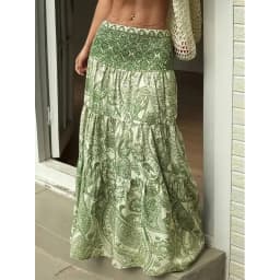 Women Boho Paisley Print Maxi Skirt High Waist Smocked Tiered Flowy Long Skirt Casual Summer Beach Dress