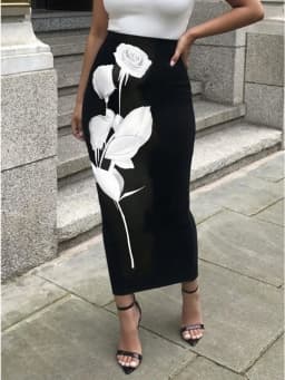 Missuoo Women Black Midi Pencil Skirt White Rose Print High Waist Bodycon Formal Party Midi Skirt 2026 Summer Elegant Bottoms