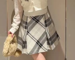 Kuzuwata New Vintage A-line Ruched Plaid Skirt High Waist All-match Wool Tweed Falda Japan Slim Minority Office Lady Mujer Falda