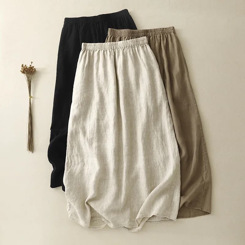 Summer New Pure Linen Half Skirt Elastic Waist Midi A-Line Simple Vintage Half Skirt Japanese Style Women's Fashion