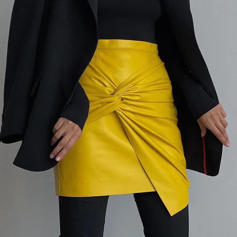 Women Design Sense French Leather Skirt Fashion High Waist Slimming Folds Knot Mini Skirts Sexy Package Hip PU Short Skirts