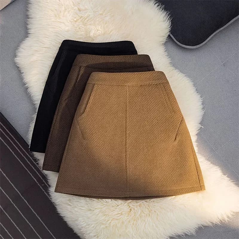 Fashion Faux Wool Women Mini Skirts Korean Elegant Office Lady A Line Skirts High Waist Streetwear Slim All Match Female Skirts