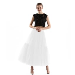 Qooth Women 90cm Party Tulle Ball Gown Mesh Skirt Banquet Wedding Faldas Mujer Elastic Waist Bow Tie Belt Tutu Skirt QT2181