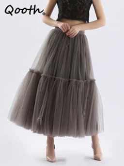 Qooth Women 90cm Party Tulle Ball Gown Mesh Skirt Banquet Wedding Faldas Mujer Elastic Waist Bow Tie Belt Tutu Skirt QT2181
