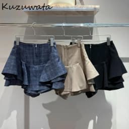 Kuzuwata Sweet Plaid Winter New Mujer Faldas Short High Waist All-match Slim Skirt Japan Ruffles Zip Ball Gown Minority Faldas