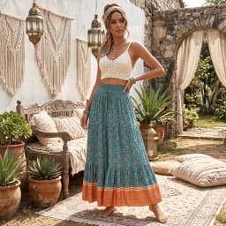 Vintage Chic Fashion Women Floral Print Beach Bohemian Pleated Skirt Rayon Cotton Elastic High-waisted Boho Maxi Skirts Femme