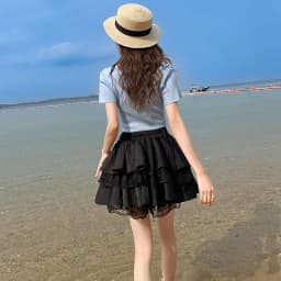 Ladies Lace Splicing Sexy Mini Skirt Womens Korean Fashion Casual Pleated Skirt Female Girls Lolita Cute Black Fluffy Skirts
