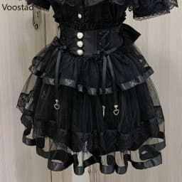Japanese Gothic Lolita Style Rhinestone Mini Skirt Women Punk Slim Bandage Cake Skirt Girls Sweet Y2k Mesh Skirts Faldas Mujer