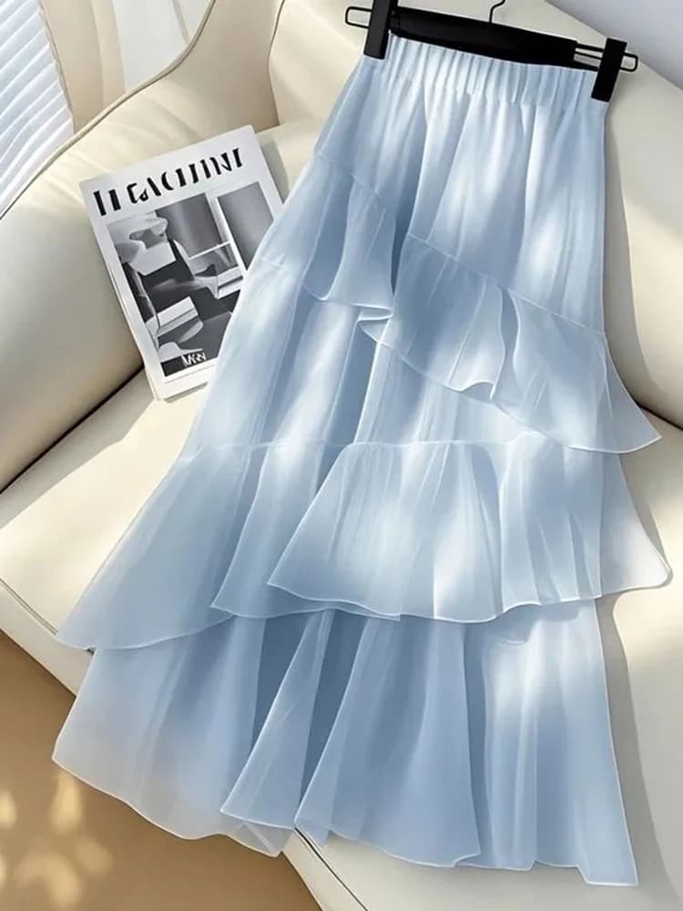 Jmprs Chic Ruffles Chiffon Long Skirt Women High Waist Elegant Fashion Sweet Skirts Korean Casual Soft Female Blue Long Skirt