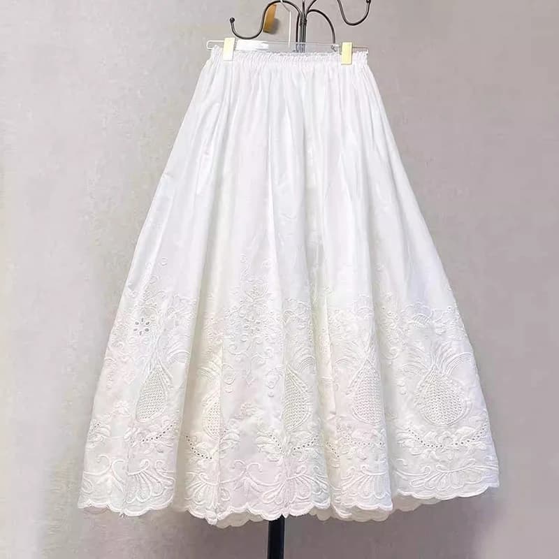 Vintage Embroidery Floral Cotton Midi Skirt Elastic Waist Skirts For Women 2026 Spring Summer