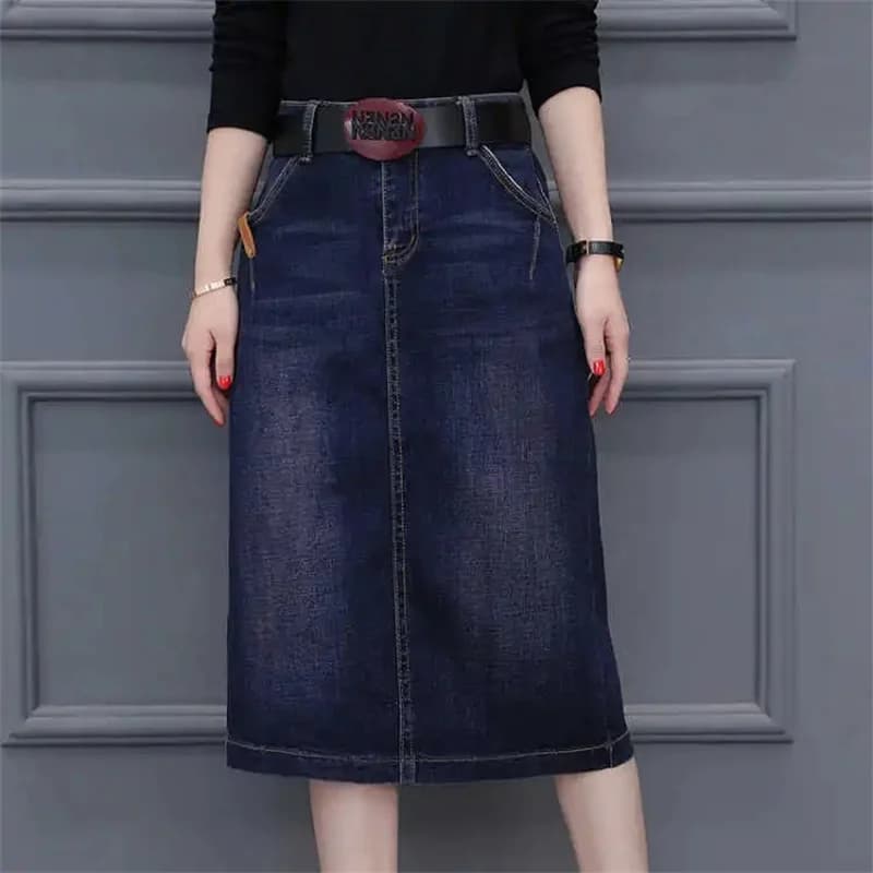 Cowboy Midi Skirt Mid Length 2026 New Spring Summer Denim Wrapped Hip High Waist Split A-Line Skirt Women's Casual Clothes