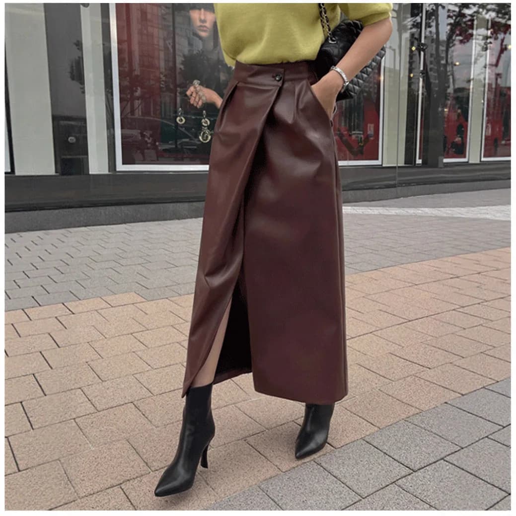 Fashion Women's Pu Leather Skirts 2026 Autumn and Winter New High-waisted Split Long Skirt
