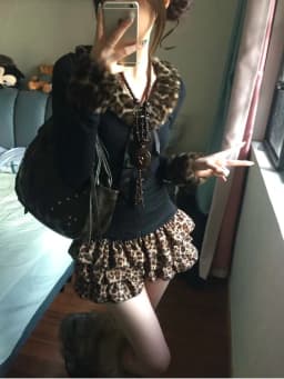 High Waist Short Skirt Splicing Y2K Millennium Puffy Cake Half Body Leopard Print Subculture Slimming A-Line Skirt