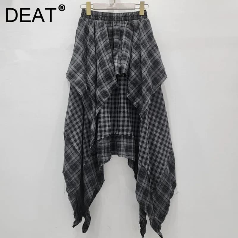 DEAT Fashion New Items Irregular Plaid Patchwork Pleated A-line Skirts For Women High Elastic Waist Mid-length Skirt 11A06244
