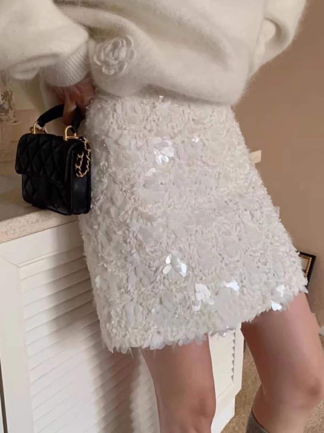 Fashion Clothing Юбка Ropa Mujer Autumn A Line High Waist Falda Heavy Industry White Sequined Skirt Юбки Korean