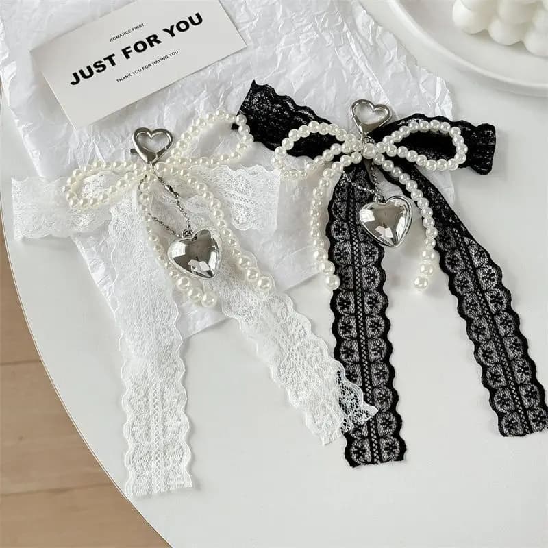 Girl Sweet Lace Pearl Bow Bag Charm Korean Ins Heart Pendant Keychain Bluetooth Headphone Decorative Chain