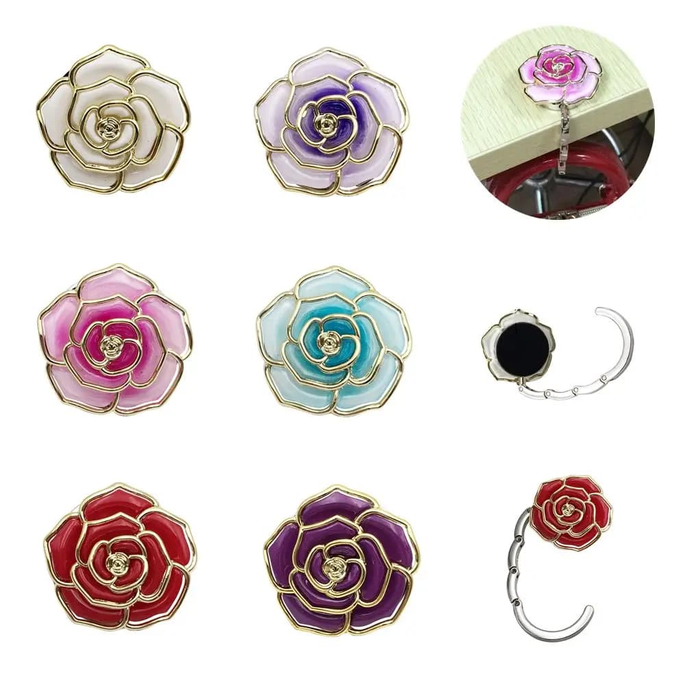 Rose Flower Pattern Bag Hooks Portable Folding Table Hook Clasp Purse Bag Handbag Hooks Hanger Holder