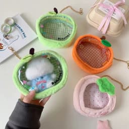 Kawaii Cartoon Strawberry Plush Transparent Bag Pendant Cute Green Apple Decoration Storage Doll Bag Figure DisplayBag Girl Gift