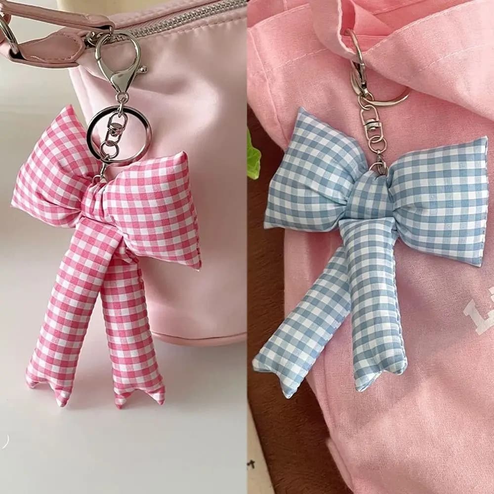 Y2K Pink Puff Grid Bowknot Bag Charms Keychain Trendy 3D Bowknot Keyring Pink Blue Plaid Bow Handbag Pendant Fashion Accessories