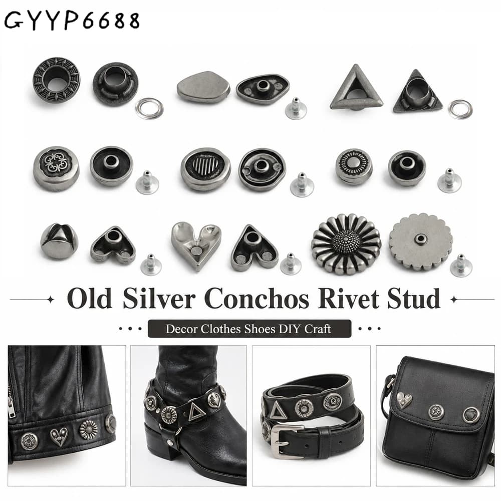 20/50/100PCS Old silver Flower/Round Conchos Screw Back Rivets For Bags Belt DIY Doll Clothes Sewing Riveting Button Accessories