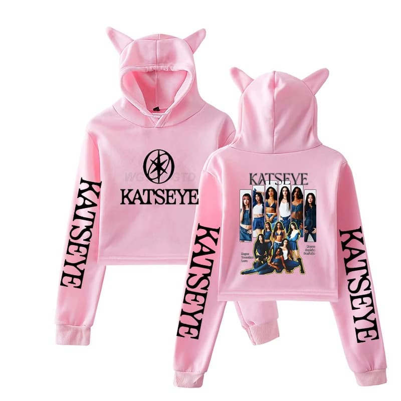 Harajuku Fashion Streetwear Girls Hoodie KATSEYE New Street Style Cat Ear Crop Tops Pullover Girl Vintage Gothic Y2k Sweatshirts