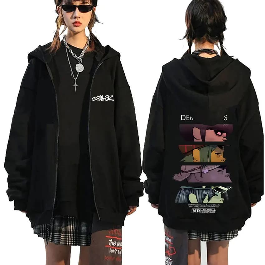 Rock Band Gorillaz Demon Days Eyes Graphic Zipper Hoodie Men Hip Hop Fashion Oversized Zip Up Jacket Unisex Zip Up Sweatshirt