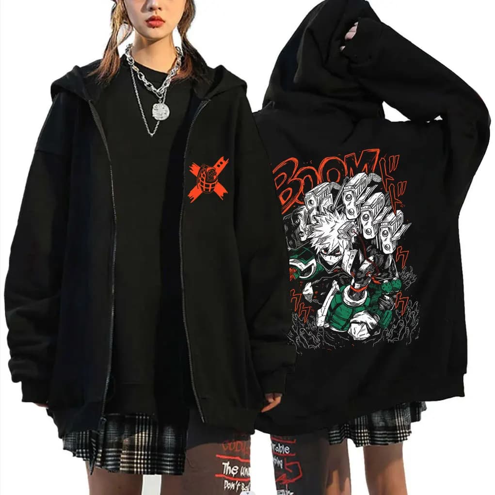 Anime My Hero Academia Zipper Hoodie Cartoon Bakugou Katsuki Graphic Zip Up Jacket Men Women Manga Oversized Zip Up Sweatshirt