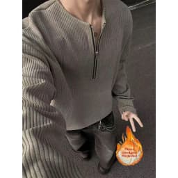 Afashion Men's Zipper Hoodie Sweatshirt Henry Collar Polka Dot Texture Fabric Spring Autumn Casual Style Outerwear Trendy Po