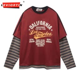 Retro patchwork color blocking casual loose print fake two-piece design sense round neck long sleeved T-shirt for men and women