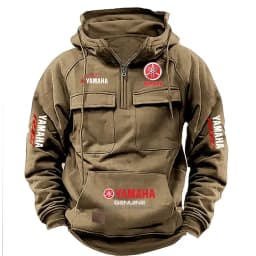 2026 New YAMAHA Logo Men Retro Velvet Half Zip Hoodie Multi Pocket Motorcycle Racing Sweatshirt Autumn Winter Casual Outerwear