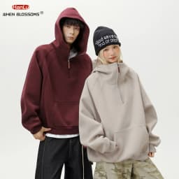 HANGLU 2025 Men Women Heavyweight Half Zip Hoodie Ribbed High Neck Minimalist Streetwear Couple Unisex Pullover Sweatshirt