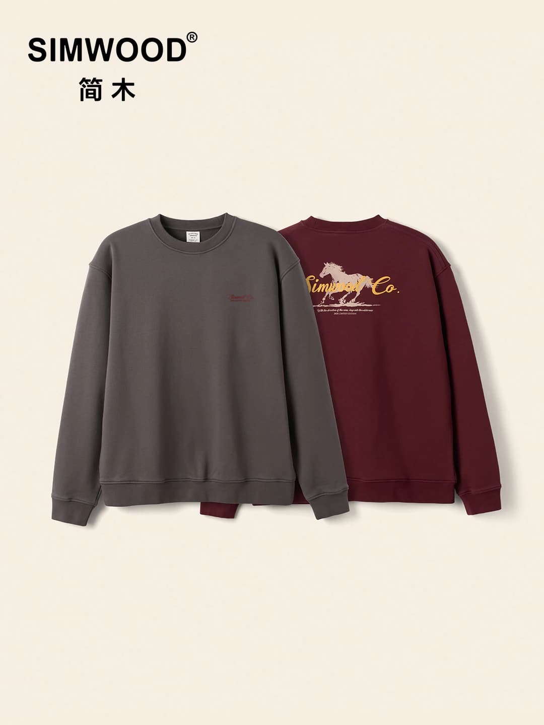 SIMWOOD 2026 Spring New【Short Length Oversize】360gsm Fabric Year of the Horse Chinese Zodiac Graphic Crewneck Sweatshirt Men