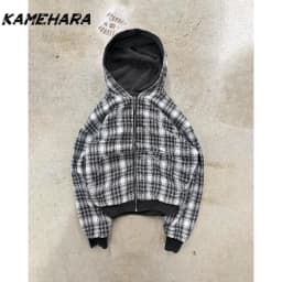 KAMEHARA American Retro Reversible Plaid Zipper Hoodie Sweatshirt Mens Womens Casual Plaid Hoodies Solid Color Lining Y2K 골프웨어