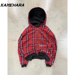 KAMEHARA American Retro Reversible Plaid Zipper Hoodie Sweatshirt Mens Womens Casual Plaid Hoodies Solid Color Lining Y2K 골프웨어