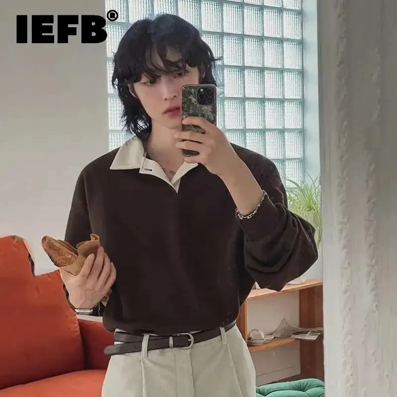 IEFB Korean Style Men's Sweatshirts Loose Turn-down Collar New Simple Contrast Color Male Casual Clothing New Spring Tide 9C7812