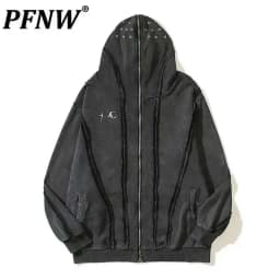 PFNW Washed Printed Zipper Design Sweatershirt Male Spliced Hooded Cardigan Short Clothing Men's Trendy Tops 2025 New 28W5071
